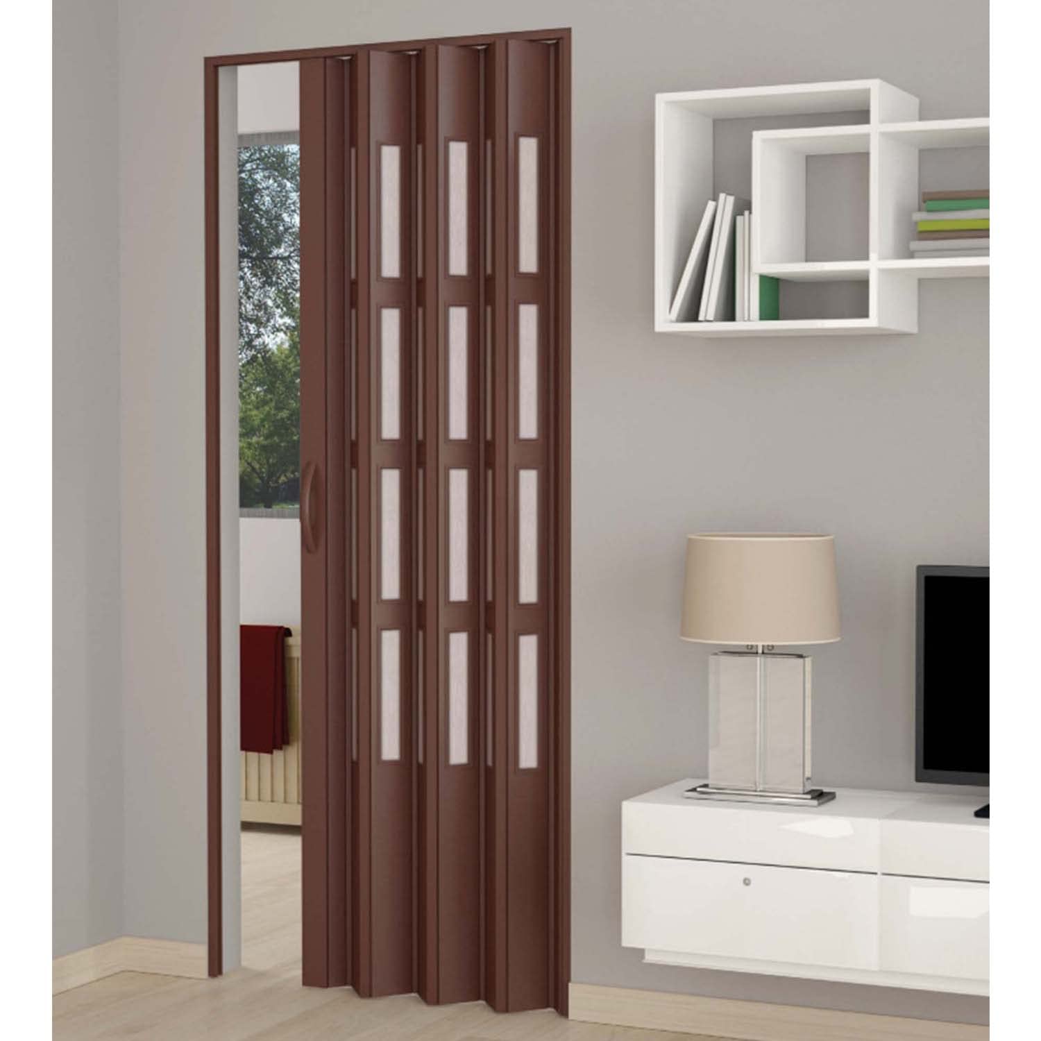 Porta a soffietto da interno in kit con vetri in PVC Mogano 82x210 cm mod. Sonia