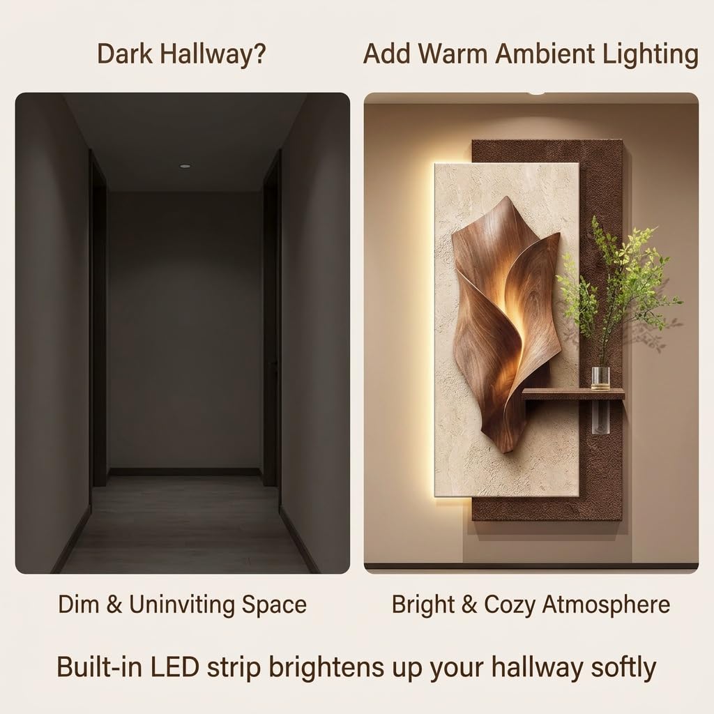 Arte de Pared 3D con Luz LED y Jarrón: Escultura de Arenisca Decorativa | Textura 3D hecha a mano, iluminación LED ambiental cálida, jarrón integrado versátil(A,39.4IN*19.7IN_ORDINARY STYLE)