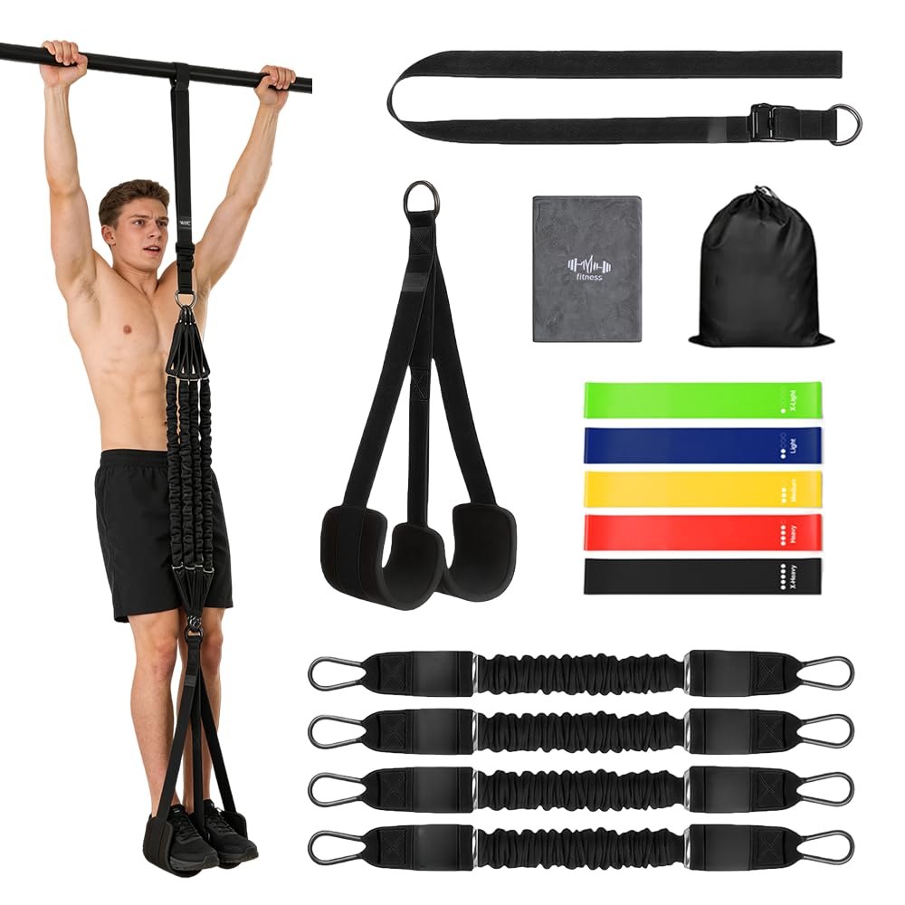 Pull Up Assist Bands 75-300 lbs 4-Pack with Dual Foot Knee Pads Bonus Towel 5-Piece Loop Set for