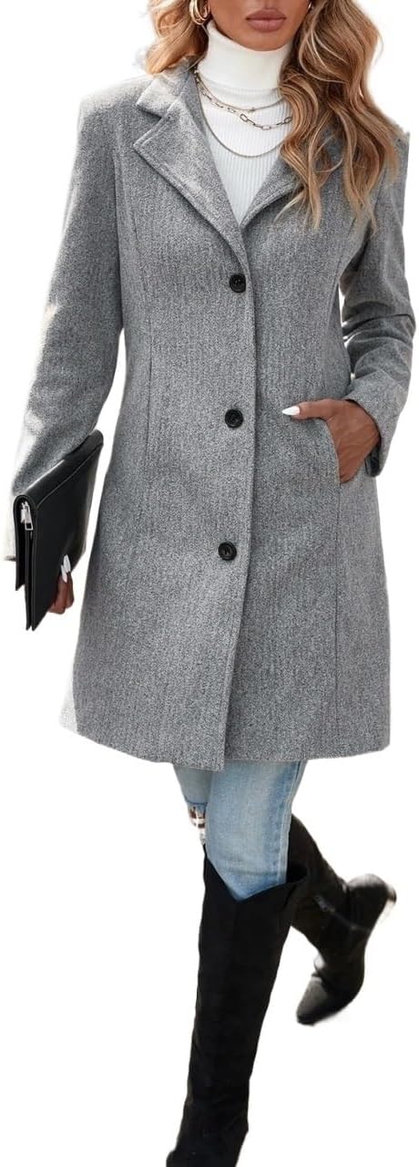 Women's Trench Coat Casual Button Front Single Breasted Lapel Neck OverCoat Long Sleeve Classic Overcoat