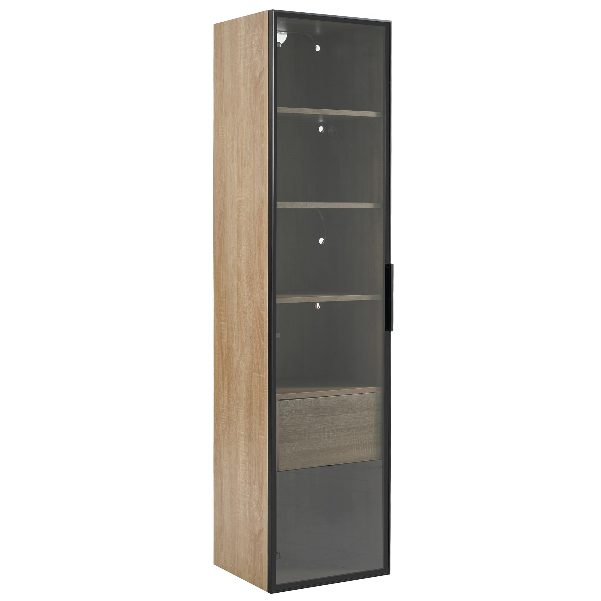 Mueble de baño mediano con barra de luz, 40 cm de ancho, con 1 cajón grande y 1 puerta de cristal