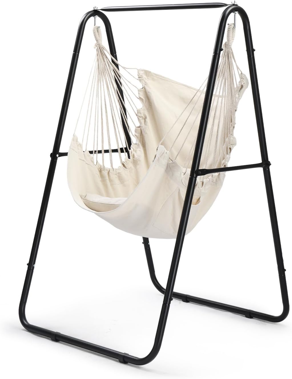ONCLOUD Hammock Chair with Stand, Hanging Chair with Cusions, Indoor Outdoor Hammock Swing Chair with Sturdy Frame, for Patio, Balcony & Bedroom (Full Set)
