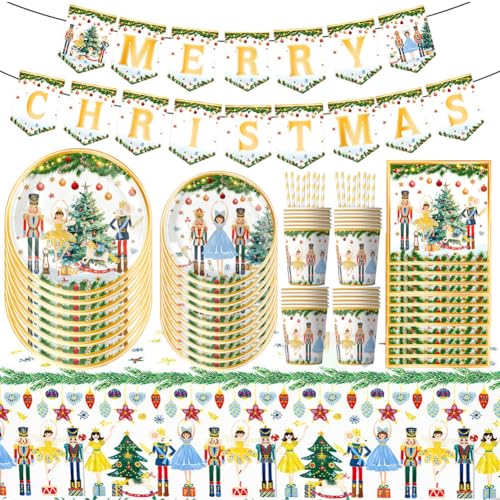 Imagen de Vajilla con Temática de El Cascanueces para 10 Invitados Vajilla para Fiestas El Cascanueces con Banderín Servilletas Mantel Platos Pajitas Vasos de Papel para Fiesta de Navidad