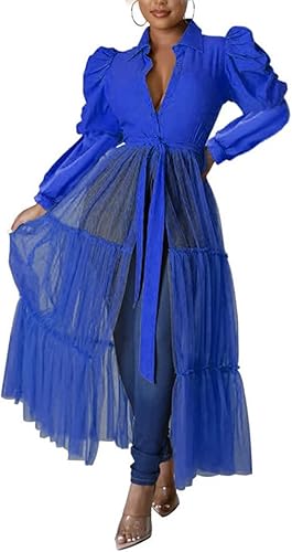 Miniatura 7 de Ekaliy Camisas de malla transparente para mujer vestidos largos con cinturón cuello en V botones traje de fiesta de club