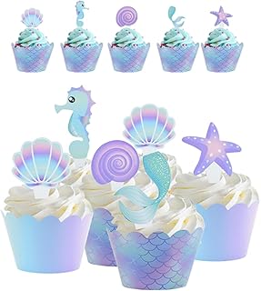120Pcs/Pack Mermaid Cupcake Toppers Wrappers Double Side, Little Mermaid Theme Decoration Baby Shower Under The Sea Birthday Party Favor