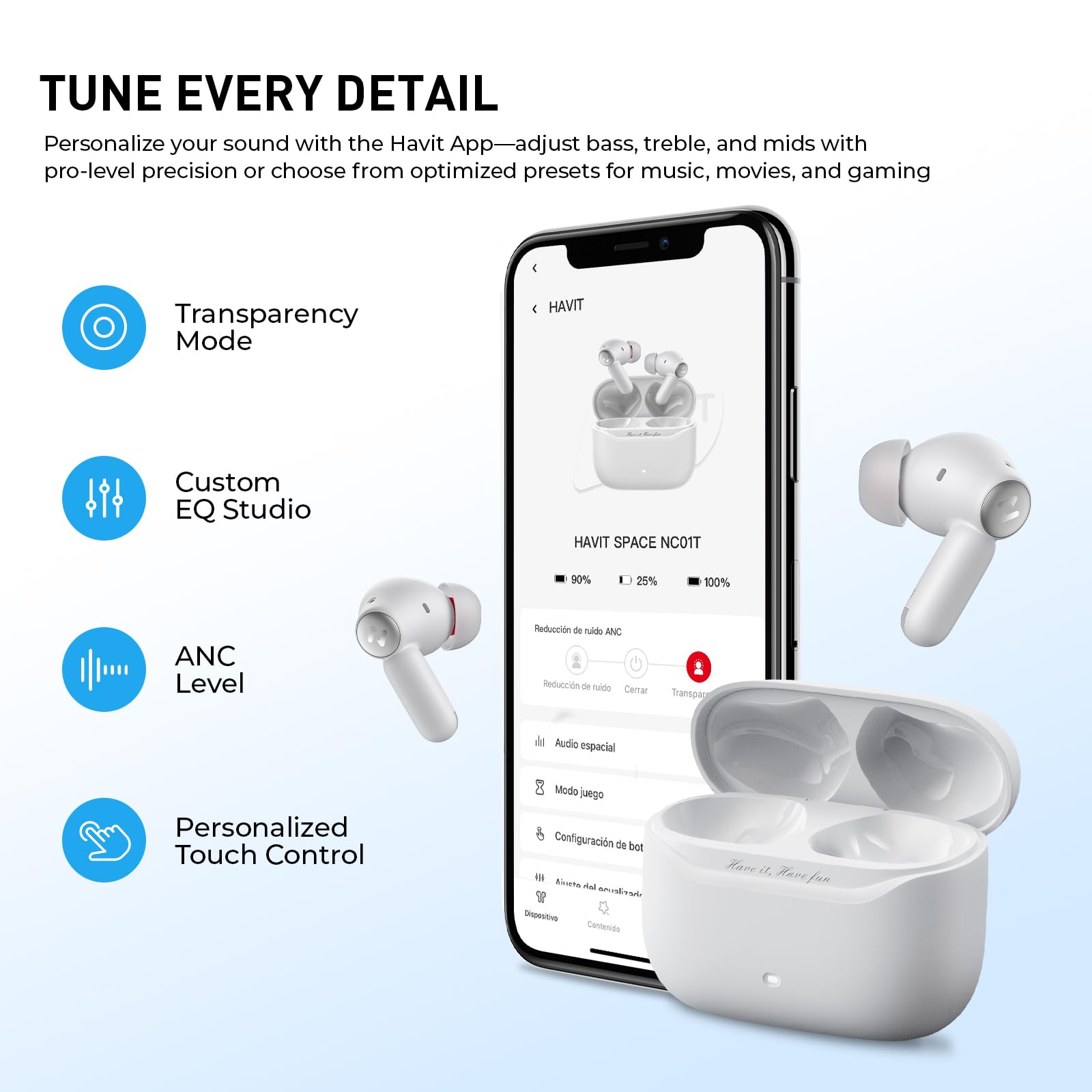 havit Hybrid Active Noise Cancelling Wireless Earbuds, Bluetooth 6.0 in-Ear Headphones, 6 Mics ENC Clear Call Ear Buds, 30+H Playtime, 3D Spatial Audio, Custom EQ via App, IPX5 Waterproof Grey view 7