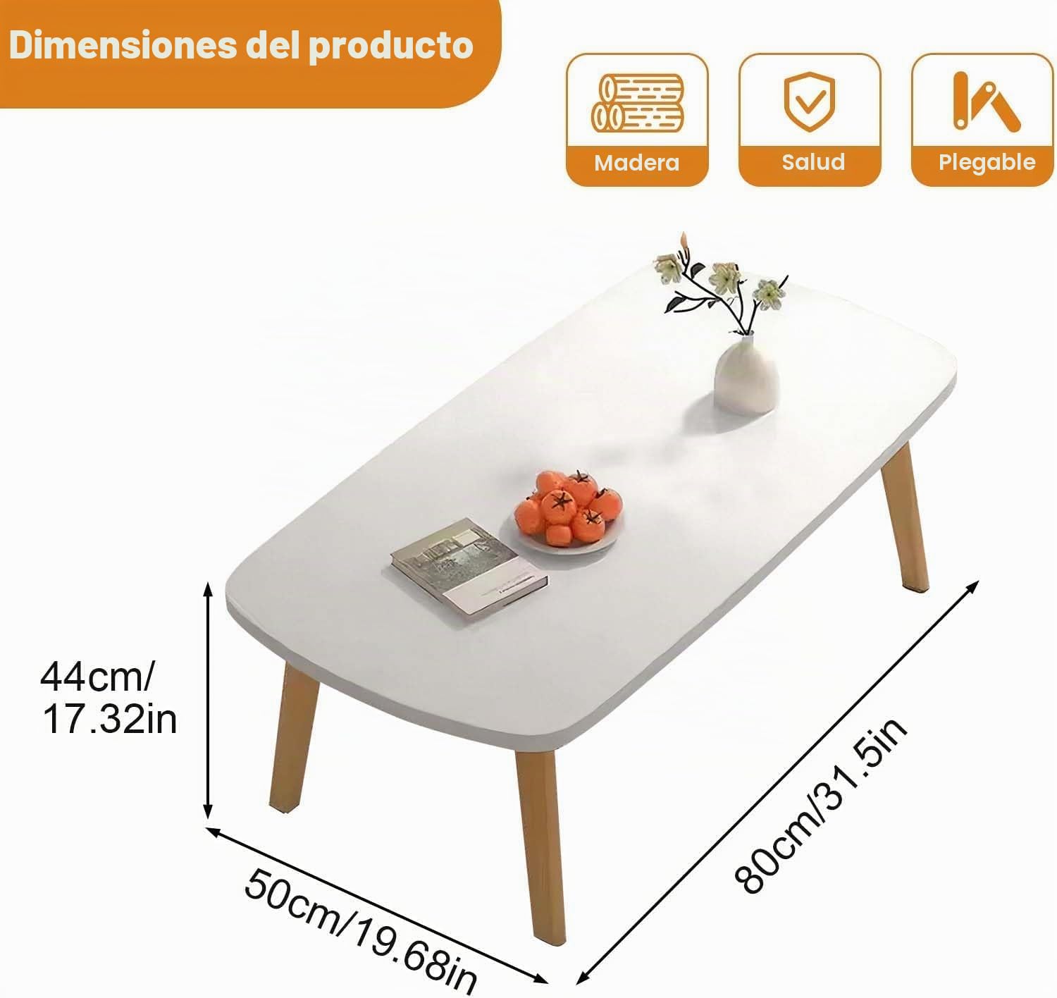 Mesas de centro de salón plegables, mesa auxiliar, mesas de salón de madera, mesa baja para casa, oficina, dormitorio, salón de té, 80 x 50 cm, color blanco