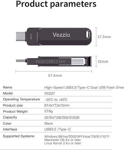 Miniatura 7 de Vezzio Memoria USB 2 en 1 OTG USB 3.2+ tipo C, diseño giratorio de pulgar para iPhone 15 y 16, iPad, teléfono Android, tableta, laptop (128, GB)