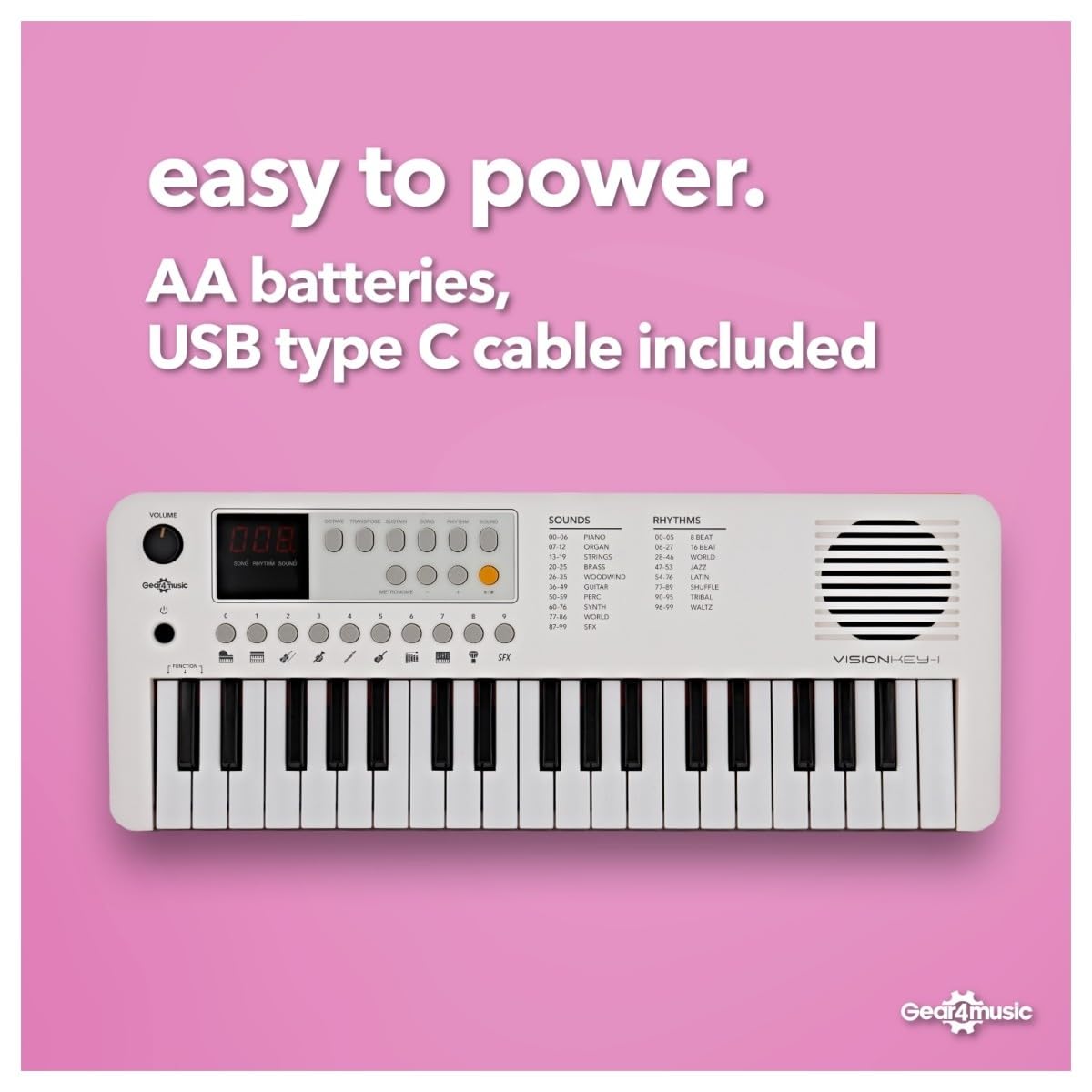 VISIONKEY-1 Mini Teclado Digital 37 Teclas para Niños y Principiantes | Piano Eléctrico de Mini Teclas en 3 Octavas, 100 Sonidos y Ritmos, Salida de Auriculares, USB-C o Pilas, Blanco