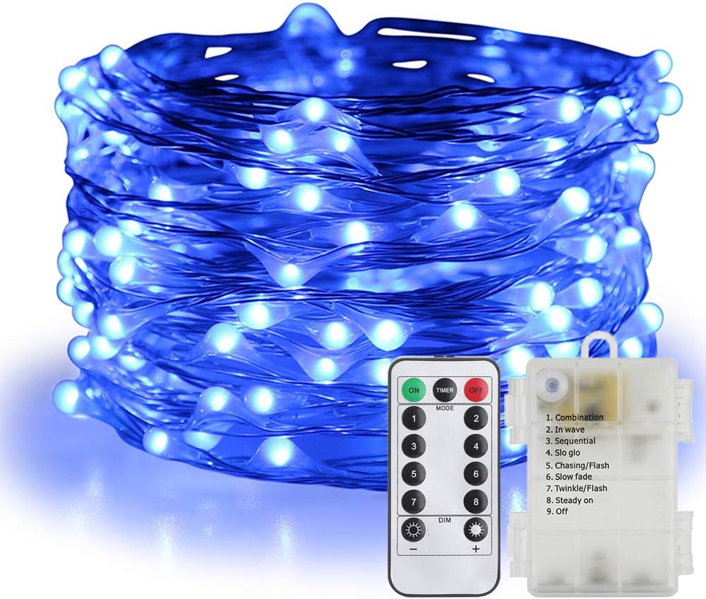 ER CHEN Fairy Lights Battery Operated Waterproof 8 Modes with Remote Timer, 33ft 100 LED Silver Coated Copper Wire le String Lights for Indoor Outdoor Decor (Blue)