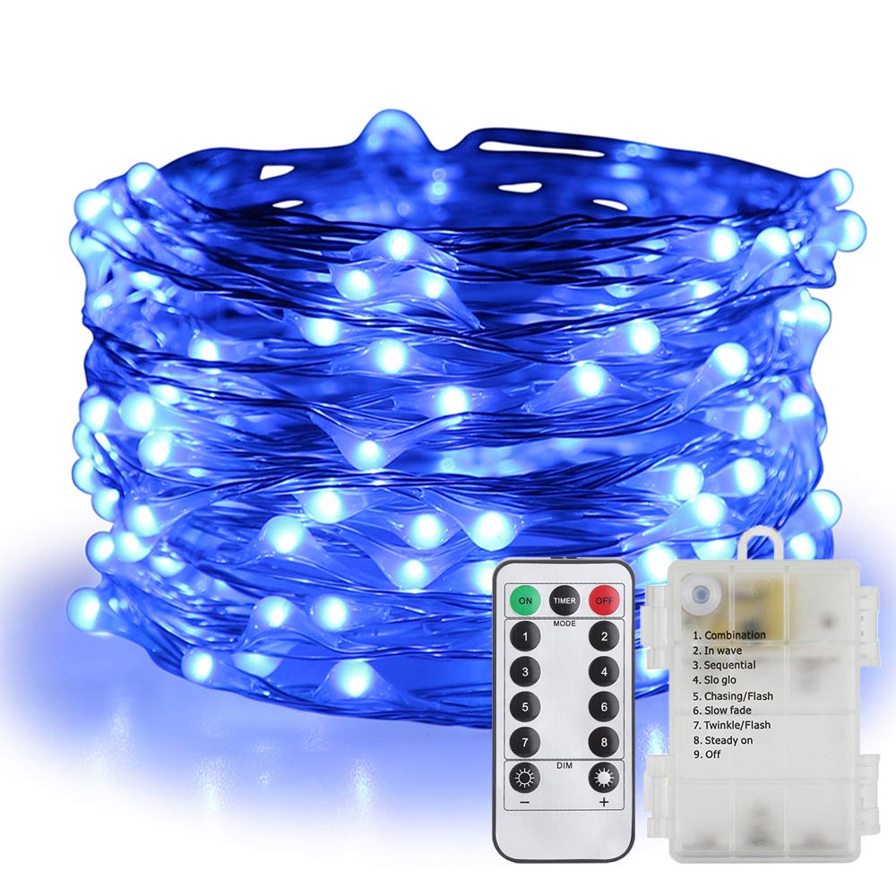 ER CHEN Fairy Lights Battery Operated Waterproof 8 Modes with Remote Timer, 33ft 100 LED Silver Coated Copper Wire le String Lights for Indoor Outdoor Decor (Blue)