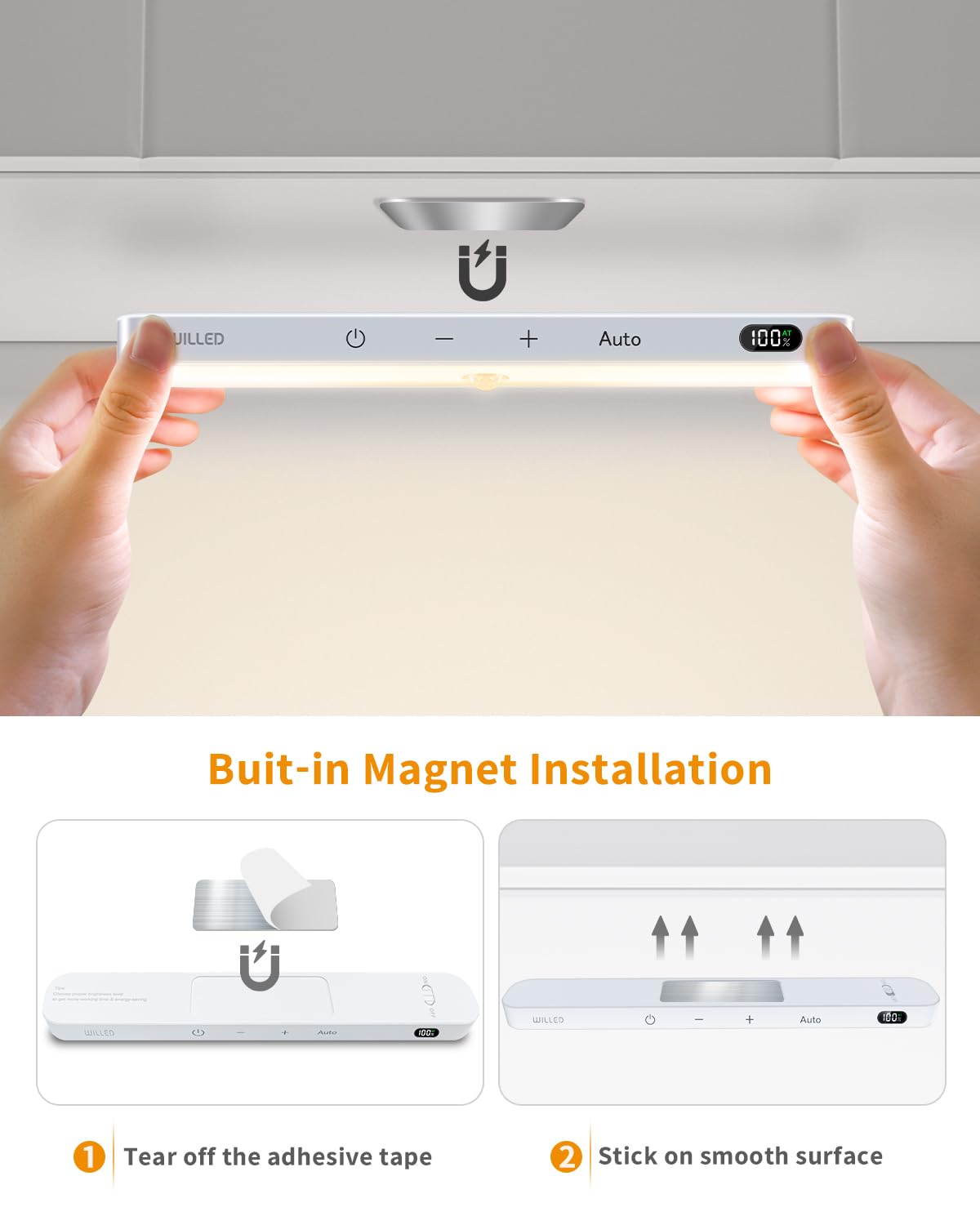 WILLED Luci da cucina da 3000 K, display a batteria, sensore di movimento, luce LED ricaricabile tramite USB, per armadio, armadio, luci adesive (confezione da 4), bianco caldo 3000 K, wus004