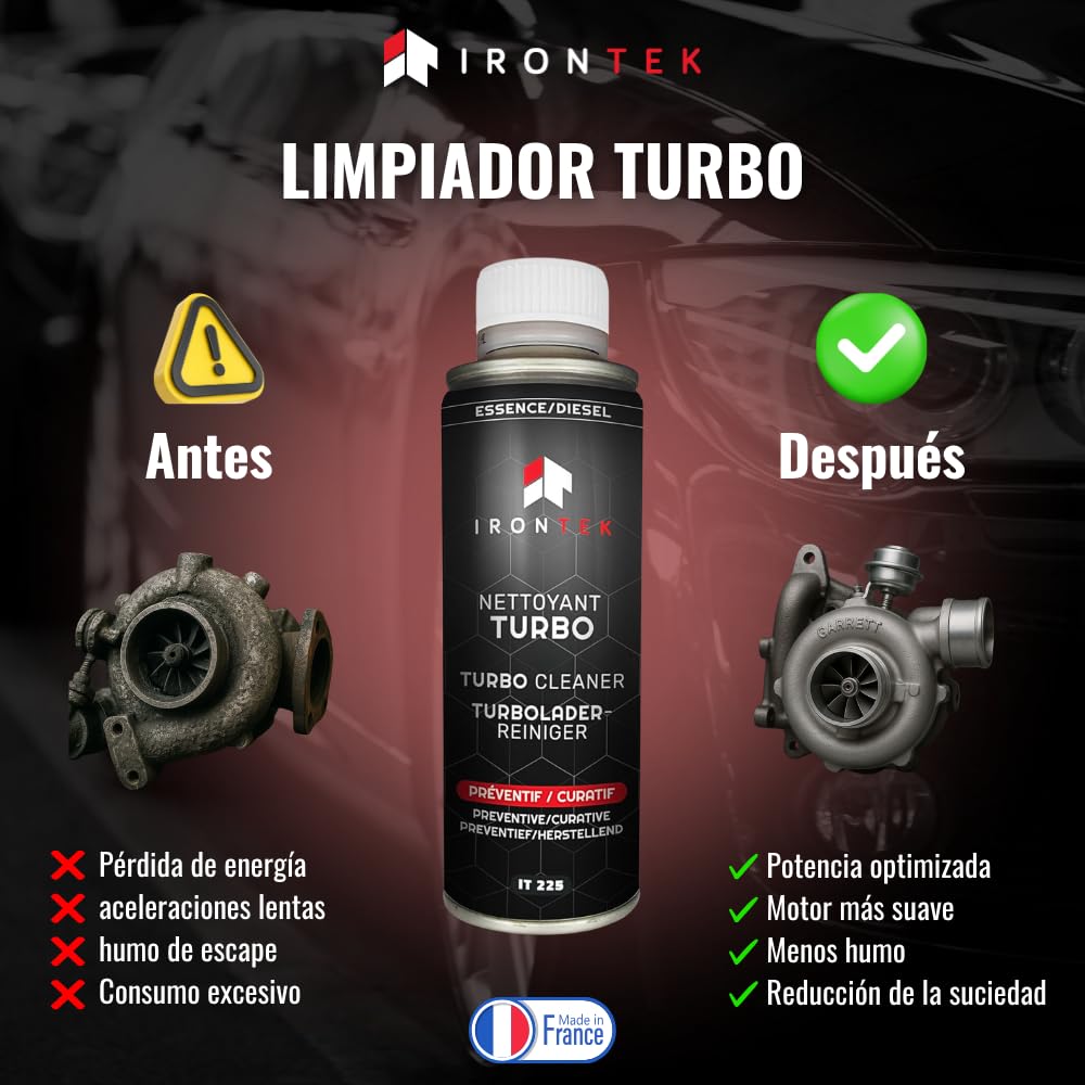 Limpiador Turbo Gasolina y Diesel 300ml - Irontek IT225 | Decalaminiza Turbocompresor sin Desmontaje | Previene Gripaje | Limpia Geometría Variable | Preventivo y Curativo | Compatible Post-Combustión