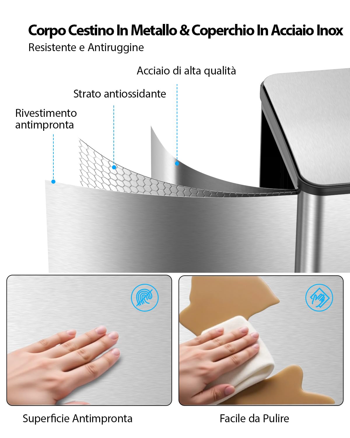 Pattumiera Cucina Pattumiera a 2 Scomparti con 2 X 30 L Secchi Interni, Cestino a Pedale In Acciaio,Chiusura Morbida e Resta Aperto, Chiusura Silenziosa Ammortizzata,Senza Mani per Casa Cucina Ufficio