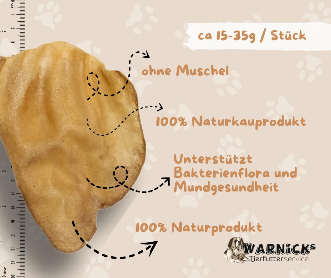 Warnick´s Tierfutterservice Hundesnack - Rinderohren ohne Muschel 50 STK – luftgetrocknet & ohne Zusätze - Zahnpflege & artgerechter Kauspaß für Hunde - 50 Stück im Vorratspack.