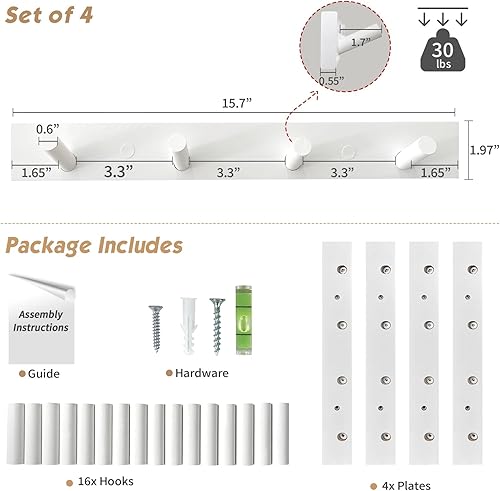 Miniatura 2 de Forbena Ganchos blancos para colgar en la pared, paquete de 4, perchero de madera de 16 pulgadas montado en la pared, resistente, modernos ganchos