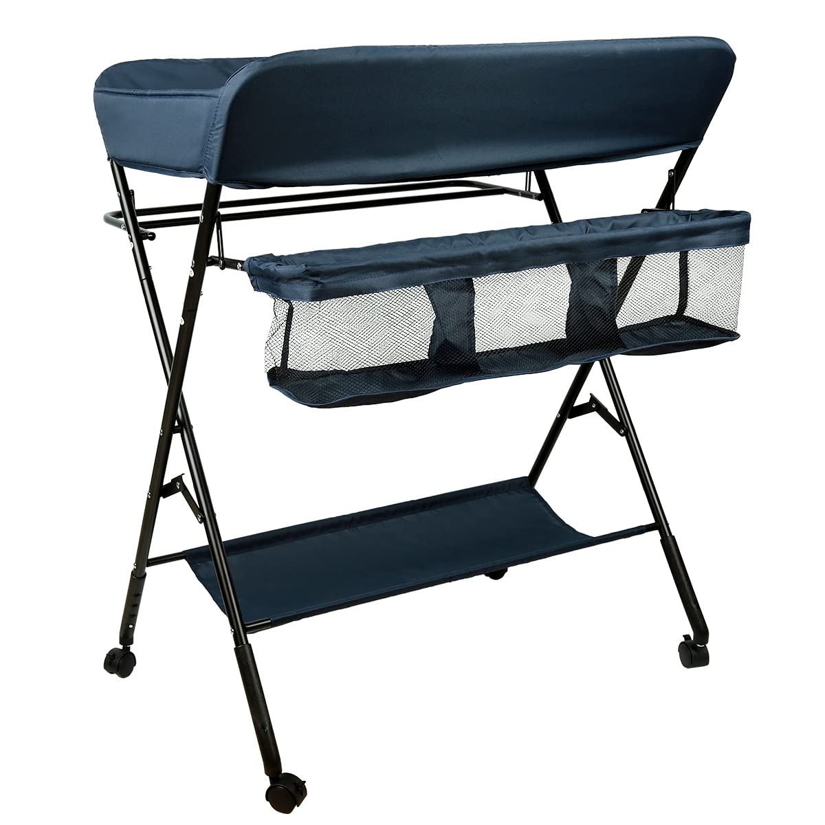 SHISHI Cambiador Bebe Plegable con Estante, Acero y Tela Impermeable, Mueble Cambiador Bebe con Ruedas, Colchon Cambiador Bebe Rigido, Protege la cintura (80×66×(92-98) cm, Azul oscuro-negro A)