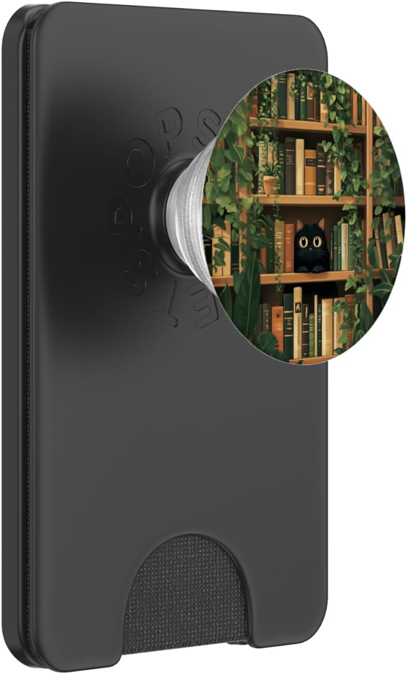 Cute Black Cat Hiding On Bookshelves Plants Library Bookish PopSockets PopGrip for MagSafe