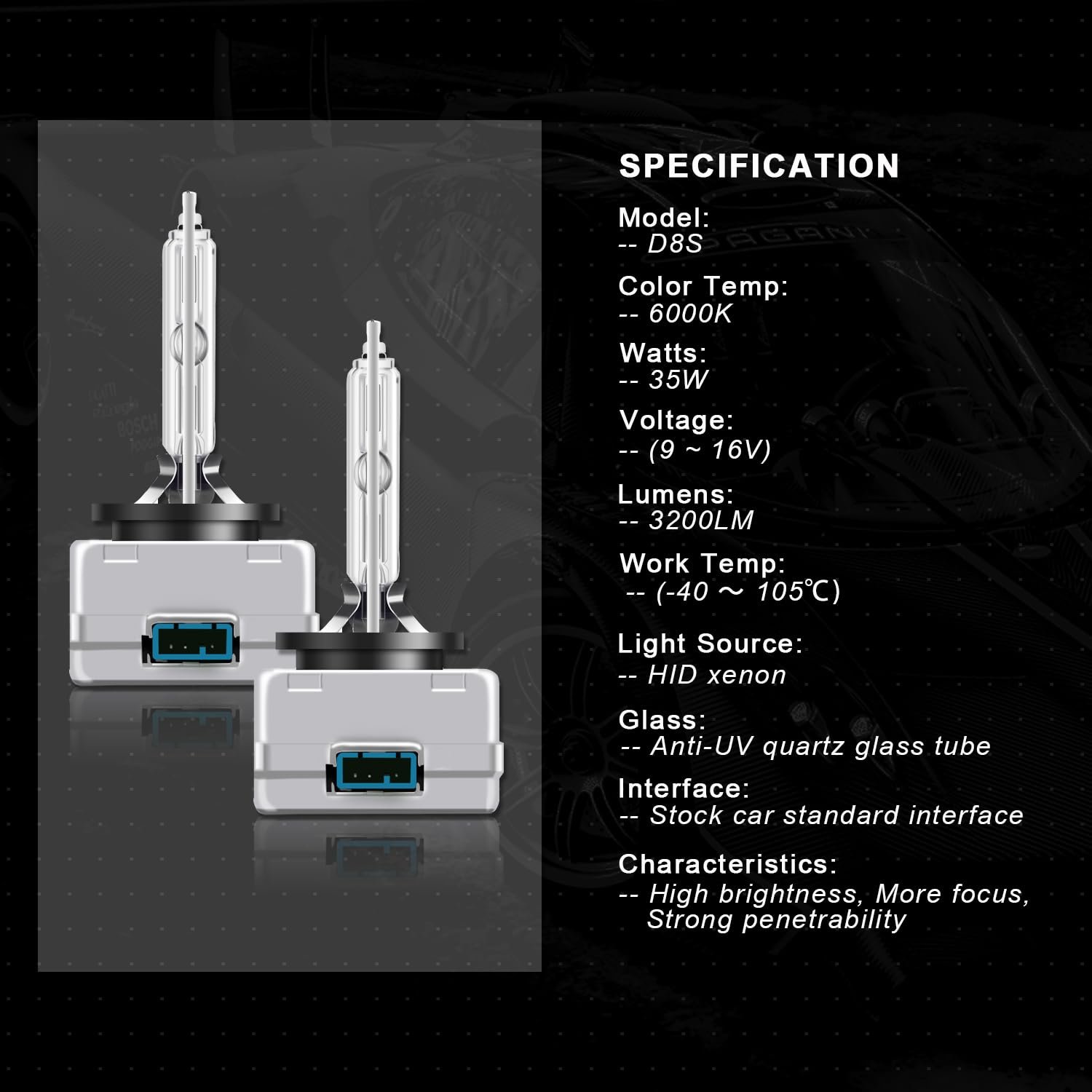 WinPower D8S Bombilla Xenon 35W Xenón para Coche 6000K Blanco Frío Luces Lampara Descarga 12V HID Kit de Conversión, 2 Lamparas