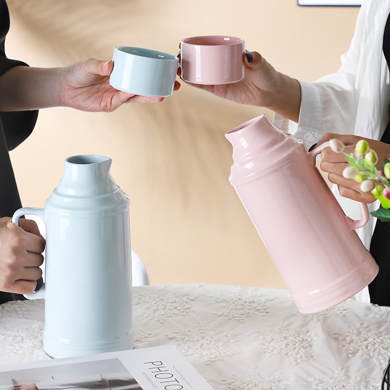 Jarra de Agua Jarra de cerámica con Tapa y caño Hogar Fácil Limpie la Jarra Resistente al Calor Ideal para té Helado, sangría, Limonada (40.5 oences) Teteras de té Helado (Color : Pink)