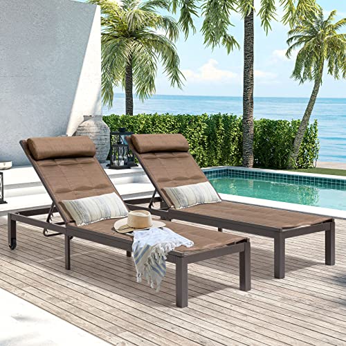Crestlive Products Aluminum Patio Chaise Lounge Chair Five-Position Adjustable Outdoor Recliner With Headrest And Wheels Weather-Proof For Patio, Beach, Yard, Pool (2 Pcs Brown) #TOP1