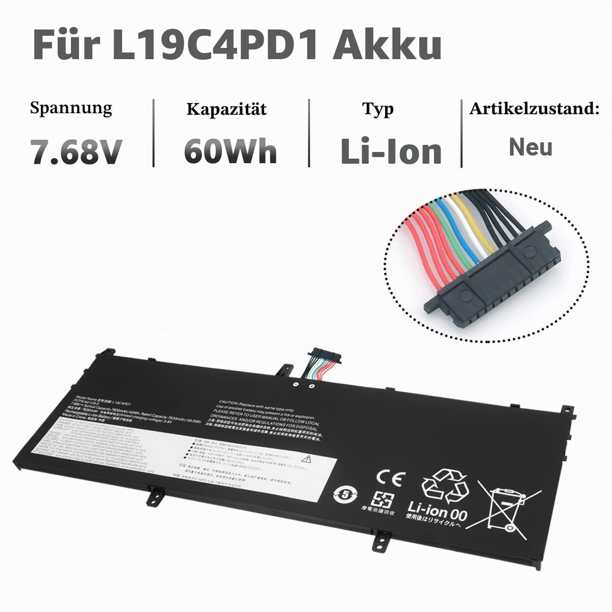 L19C4PD1 L19D4PD1 Laptop Akku für Lenovo Yoga C640-13IML 6-13ARE05 6-13ALC6 81UE 82ND 82FN L19L4PD1 L19M4PD1 5B10U65274 5B10W67385 SB10W67395 5B10U65275 5B10W67329 60Wh, 7820mAh