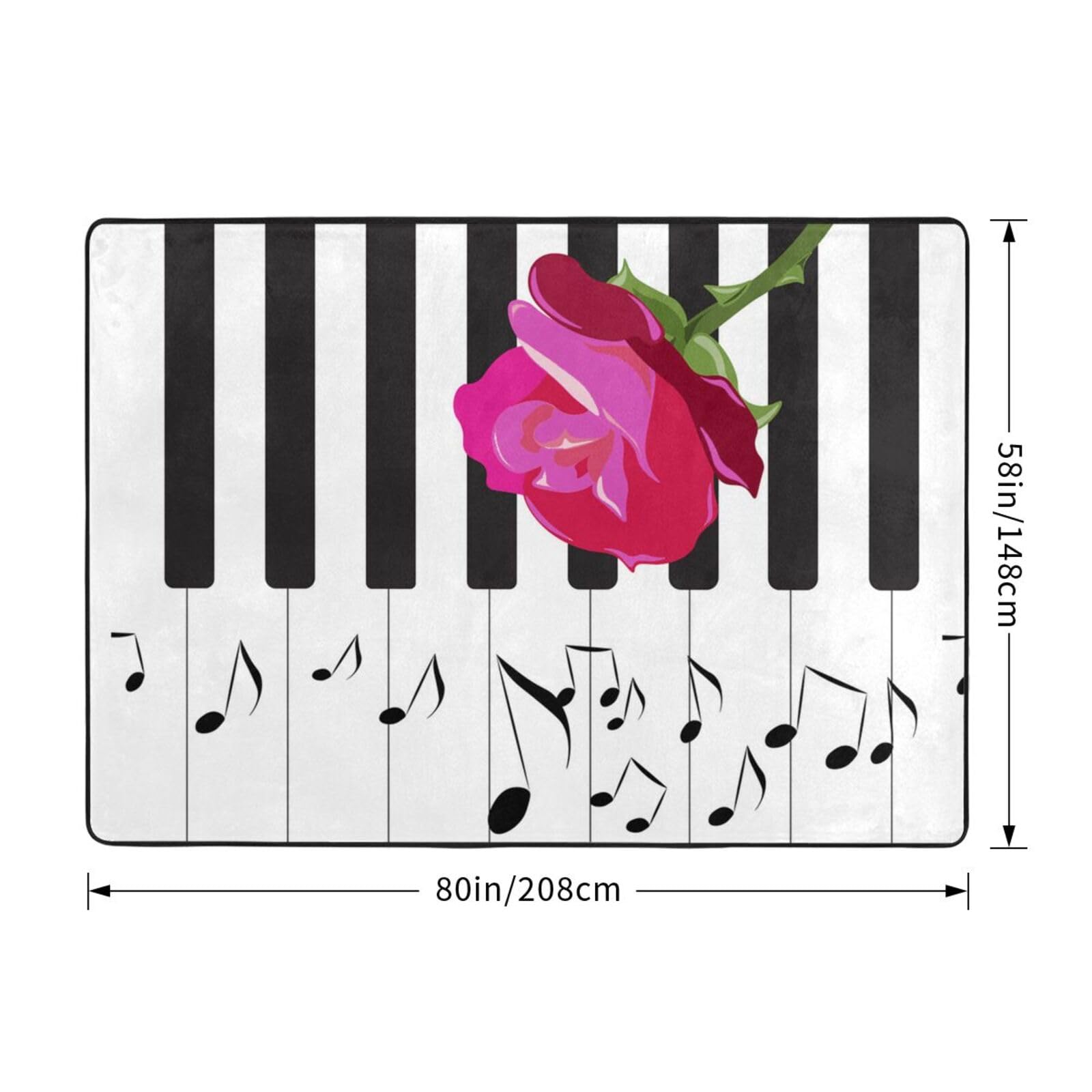Musica astratta per pianoforte e fiori di rosa rossa, Tappeto grande antiscivolo per soggiorno e camera da letto, 208 x 148 cm.