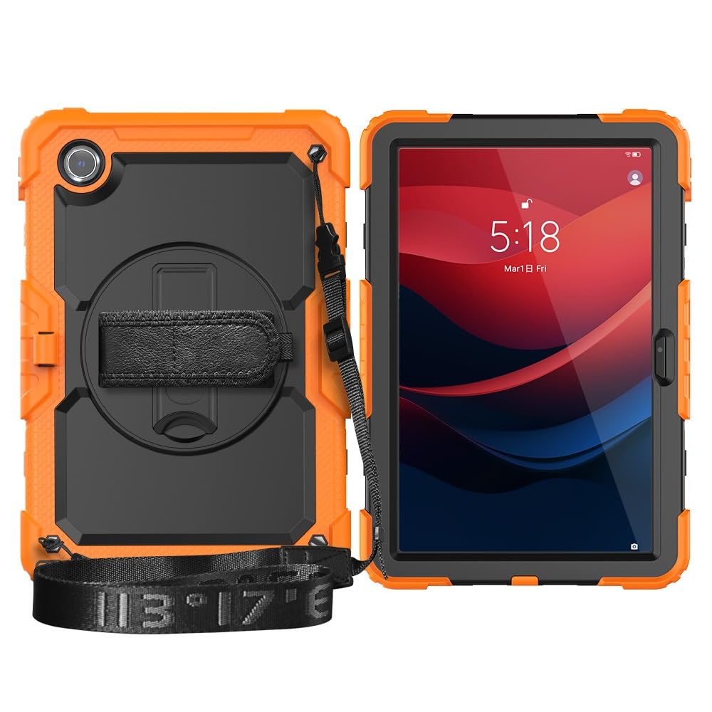 Kompatybilny z Lenovo Tab M11 TB-330FU/Lenovo Xiaoxin Pad 2024 TB-331FC Wytrzymała, odporna na wstrząsy obudowa TPU, osłona ochronna osłoną ekranu Obrotowa podpórka 380 + pasek rękę + ramię(Orange)