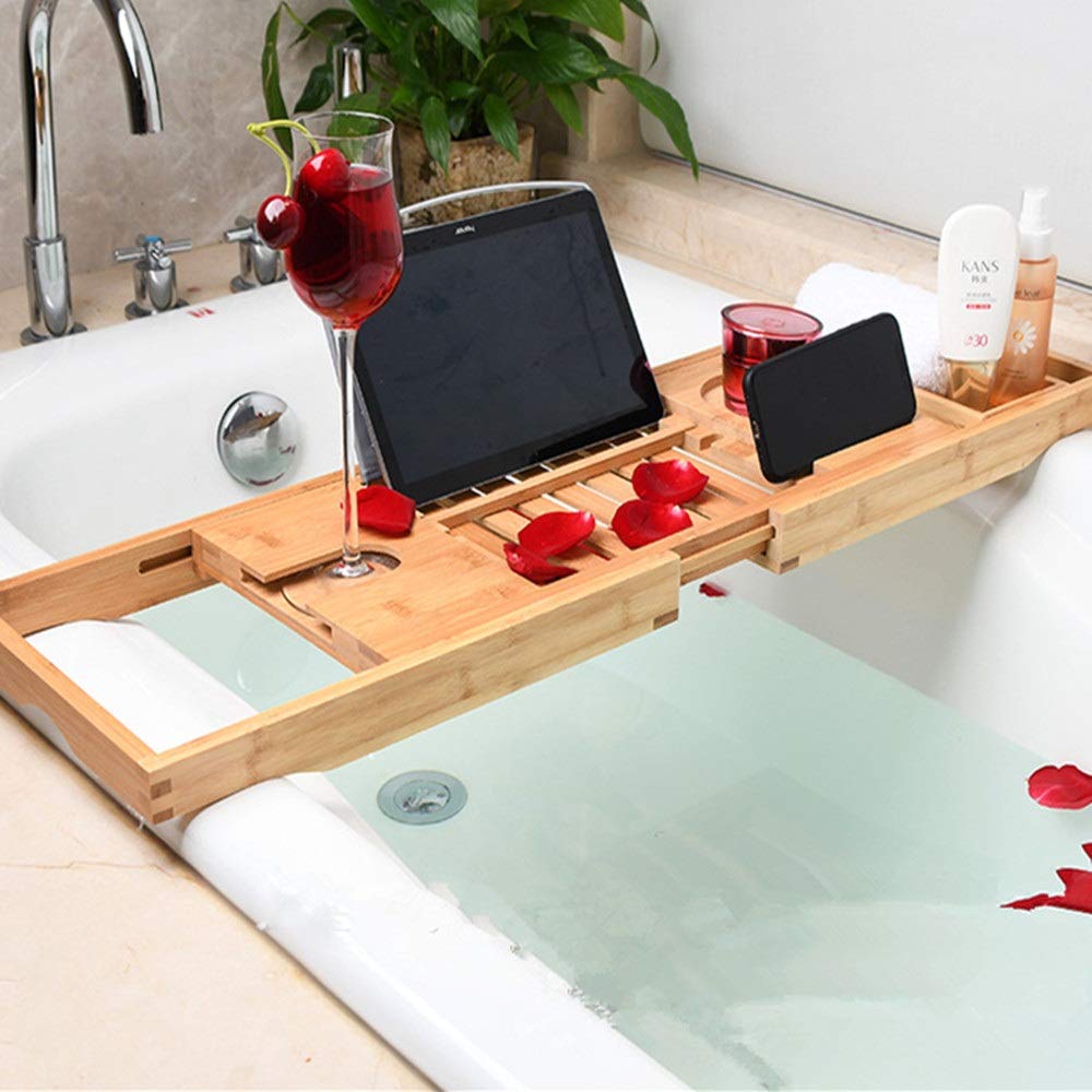 Bandeja para Bañera Estante para Bañera Bandeja para Bañera De Bambú con Lados Extensibles Soporte para Tableta para Libros Incorporado Soporte para Copa De Vino Bandeja para Bañera/Marrón,