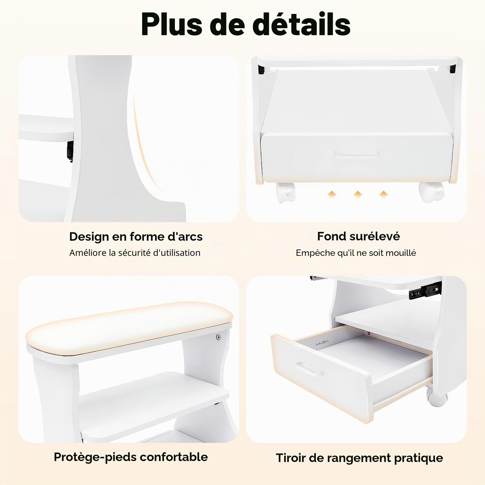 Chaise de Pédicure Mobile Avec Tiroirs, Chariot de Bain de Pieds Avec Roulettes pour Manucure et Massage (Blanc)