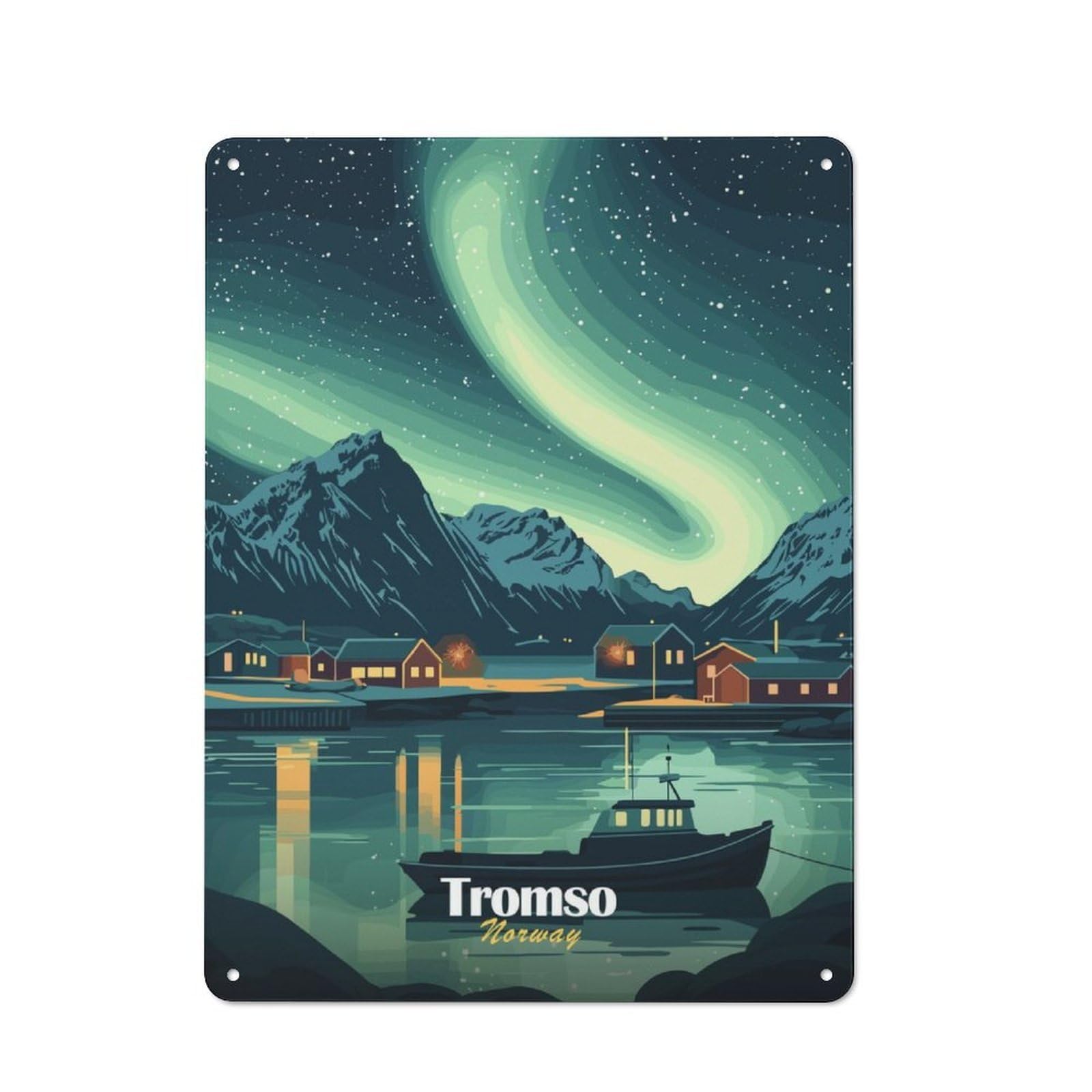 Junmoney Tromso, Norway Aurora Borealis Tin Wall Plaque 40X30cm With For Man Cave Or Games Room, A New Home Present For Leisure-Room Decor Enthusiasts