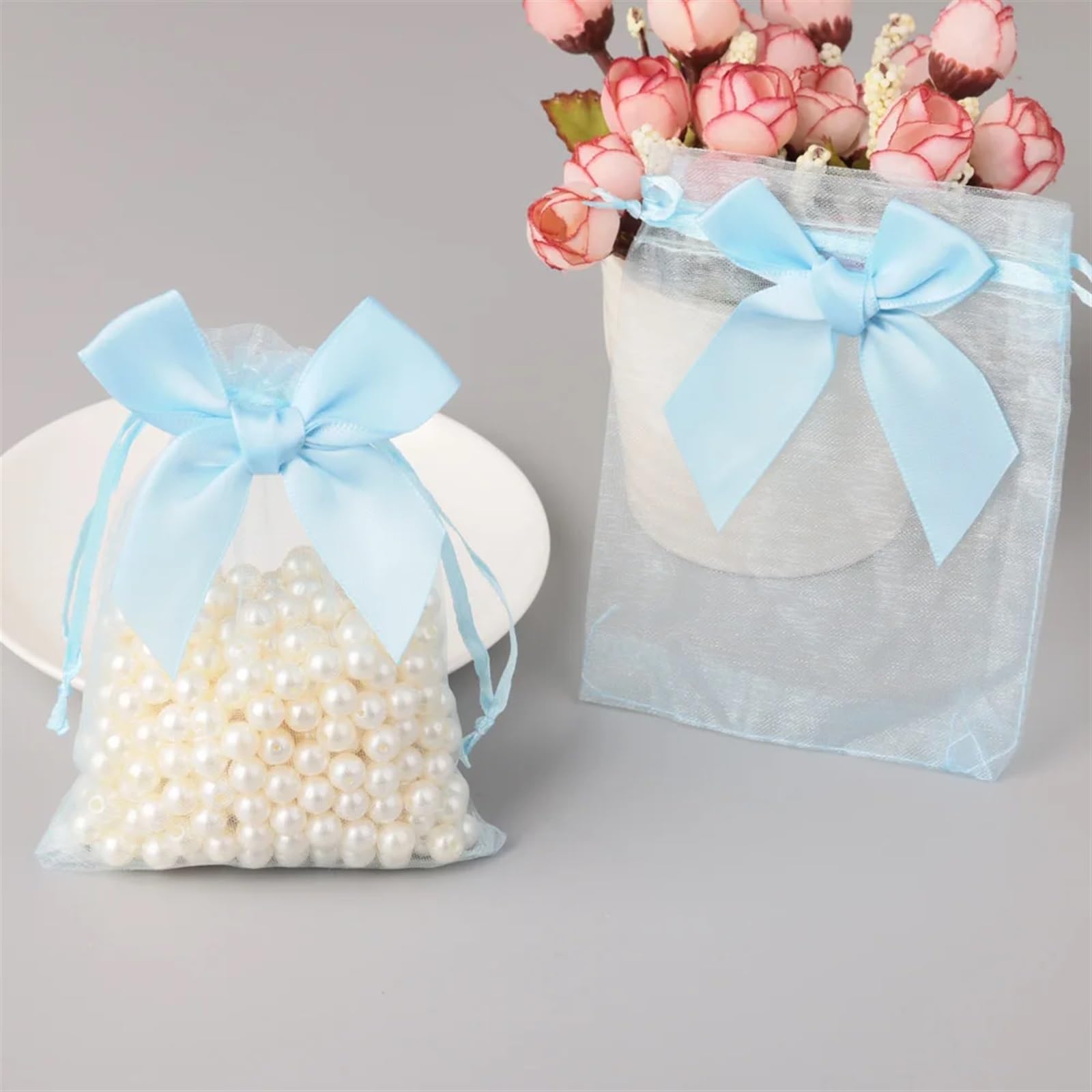 Geschenkbeutel 10/20/50 Stück Organza-Geschenkbeutel mit Schleife, Weihnachtsfeier, Hochzeit, Süßigkeitenbeutel, exquisite Schmuckverpackung, Kordelzugbeutel(9 black,50PCS_10X15CM)