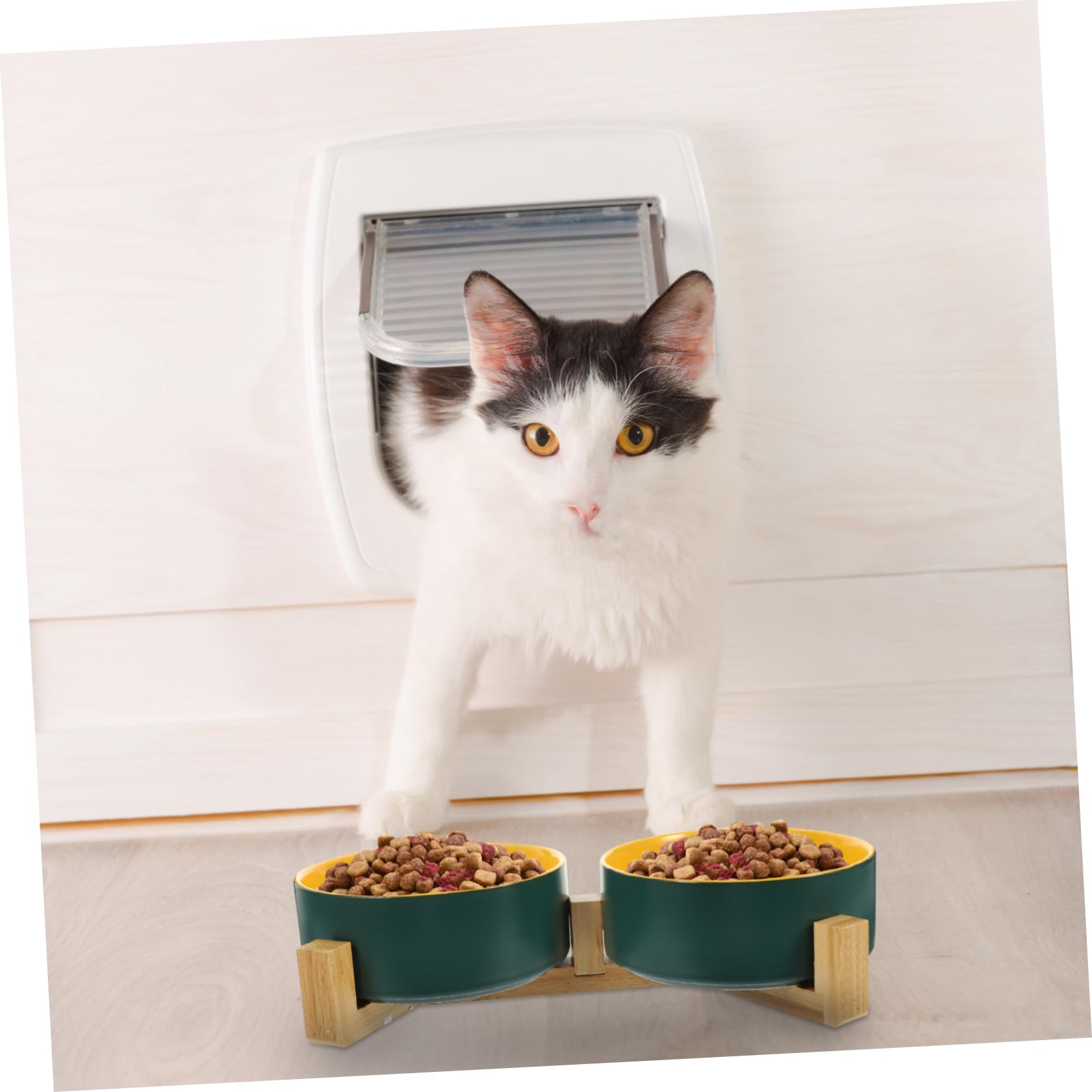 ibasenice Gamelle Double avec Support en Bois Surélevé, Facile à Laver en Céramique pour Chat pour Nourriture et Eau en Toute Occasion