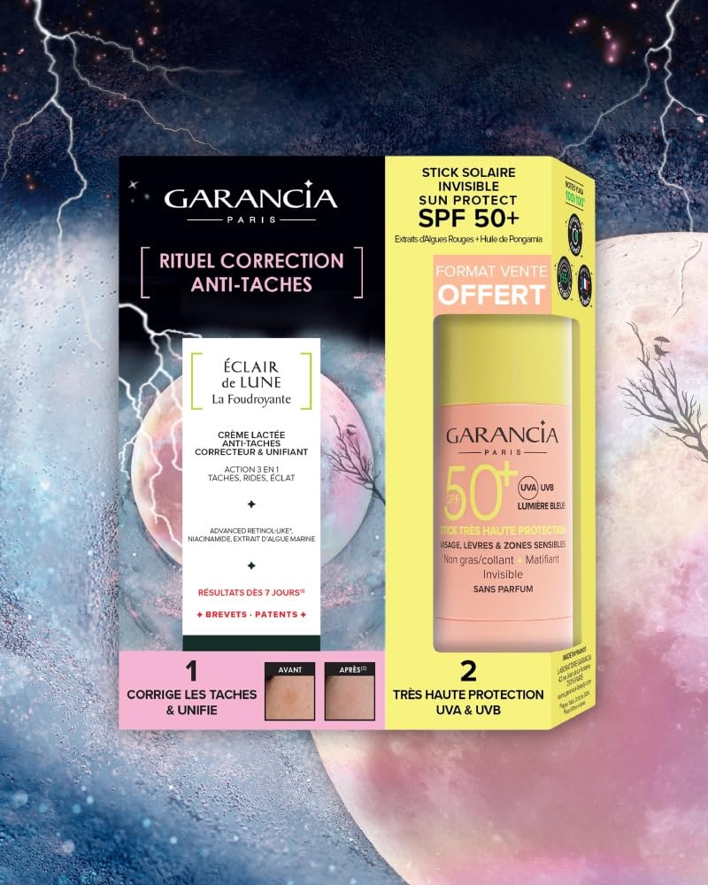 Garancia Rituel Anti-Taches Crème Lactée + Stick Solaire SPF50+ Éclat Teint | Crème lactée aux nacres illuminatrices et stick SPF50+ invisible. Unifie, corrige, protège, résultats dès 7 jours