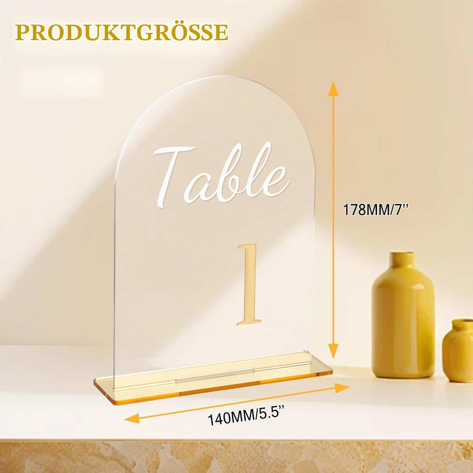 20er Set Hochzeit Tischnummern Acrylschilder, Transparentes Bogen Tischnummernschild mit Standfuß,1-20 Goldene Zahlen Tischnummern für Hochzeiten, Jubiläen, Partys