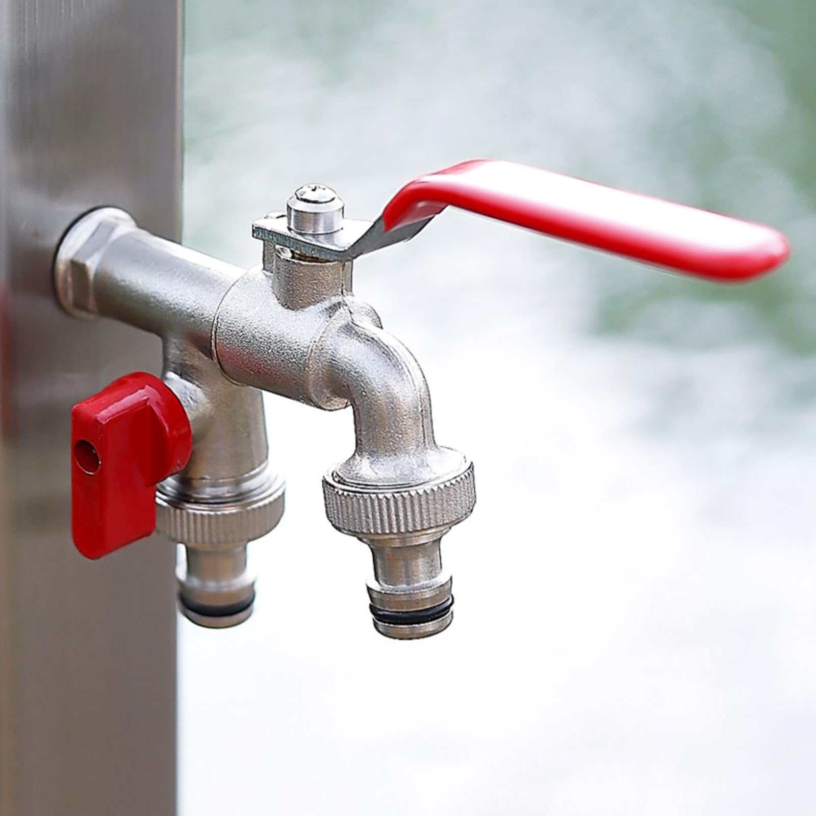 Rubinetto da Esterno Valvola A Sfera in Ottone con Rubinetto A Doppia Uscita da Giardino da 1/2 Pollice Resistente Al Gelo per Uso Domestico E All'Aperto,Rosso Cromo