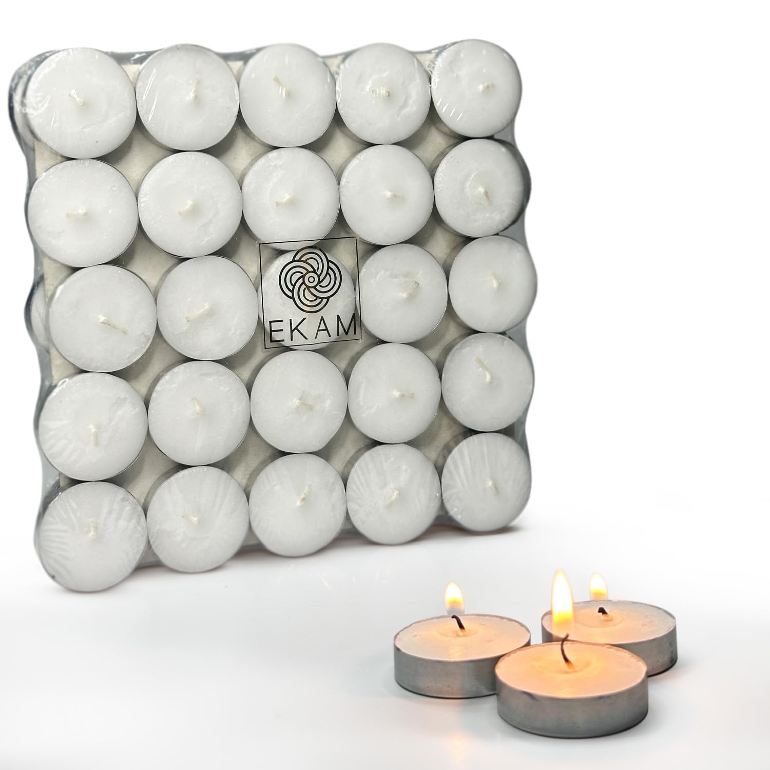 EKAM Pack of 50 Unscented Tealight Candles (White)| Ideal for Home Decor & Gifting| Lead-Free Wick| Smokeless| Sootless| 2.5 Hours Burn time Each