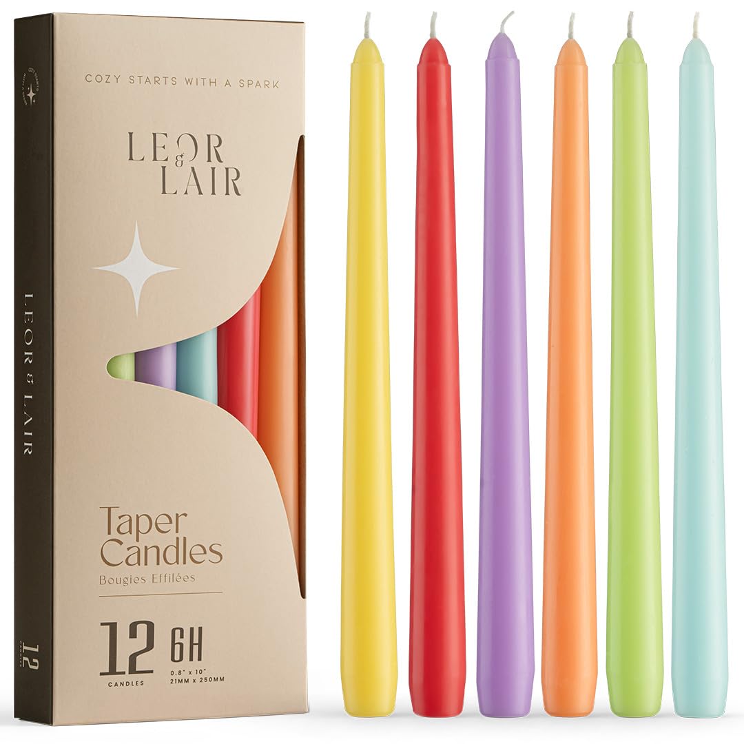 Leor & Lair Spring Taper Candles - 12 Pack - 10 Inch Colorful Easter Dinner Candles, 6 Hour Burn Time - Spring Candlesticks for Easter, Summer &