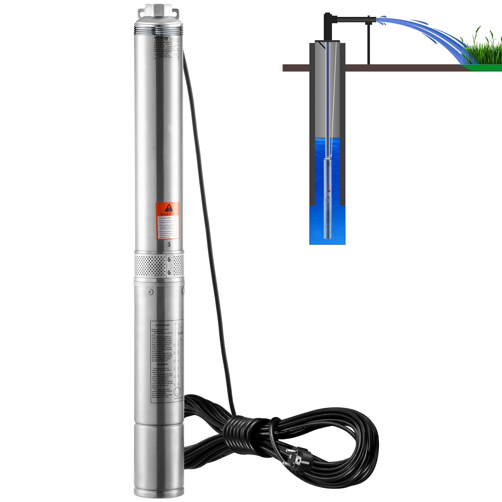 VEVOR Pompa głębinowa, 750 W, 230 V, 60 Hz, maks. przepływ 7,1 m³/h, maks. wysokość tłoczenia 75 m, z kablem zasilającym 9,1 m, pompa wodna ze stali nierdzewnej do przemysłu, nawadniania i użytku