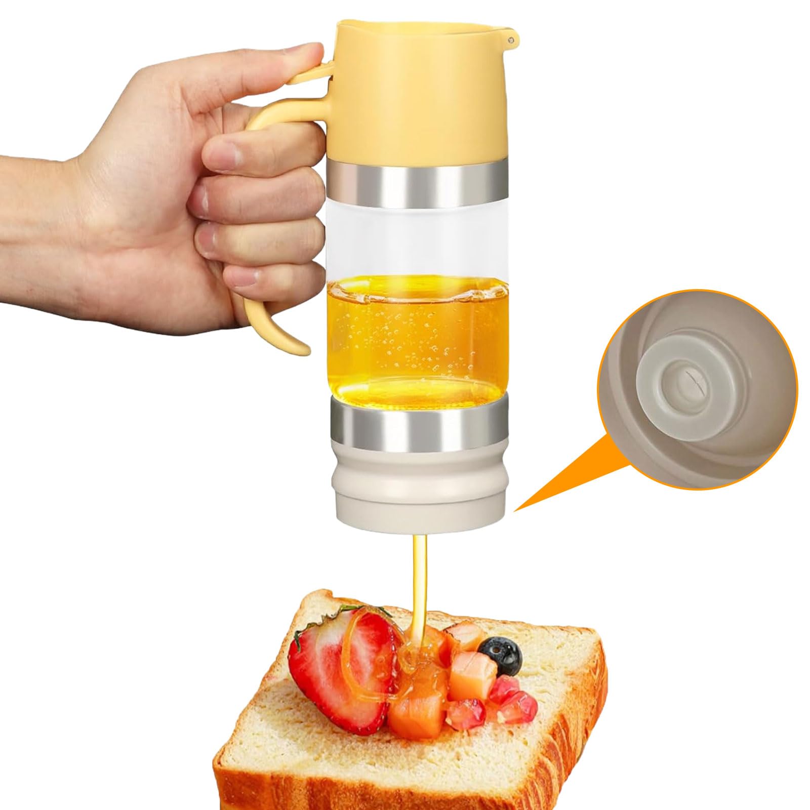 Dosatore Miele In Vetro 315Ml, 10,65Oz Dispenser Miele Antigoccia, Barattolo Per Miele In Vetro Borosilicato, Con Coperchio Superiore e Inferiore Rimovibile, Lavabile In Lavastoviglie (Giallo)