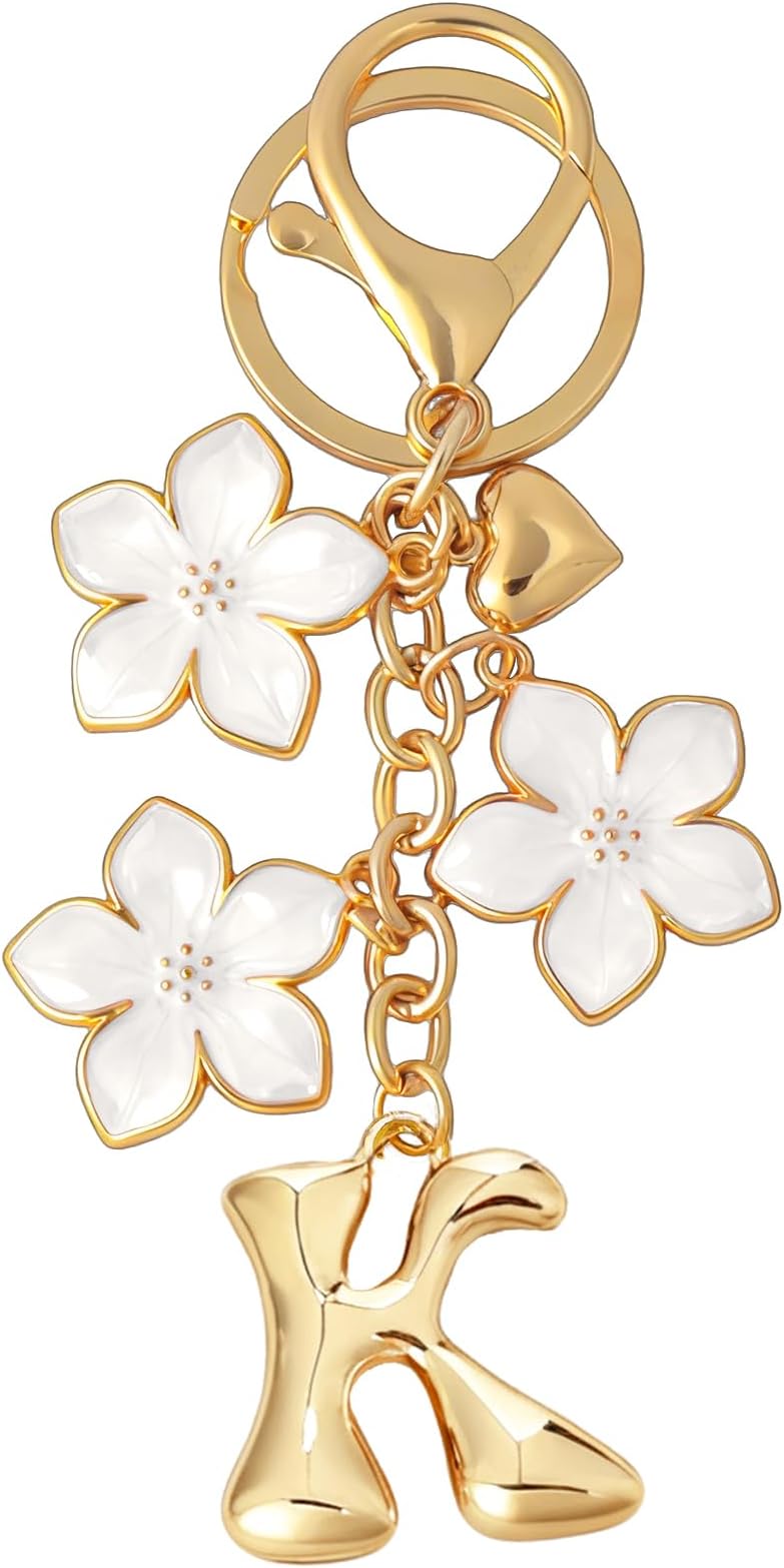 – Bubble Initial Keychain Graceful Flower Charms Keyring for Handbag Backpack–Personalized A-Z Letter Charms Gift for Women
