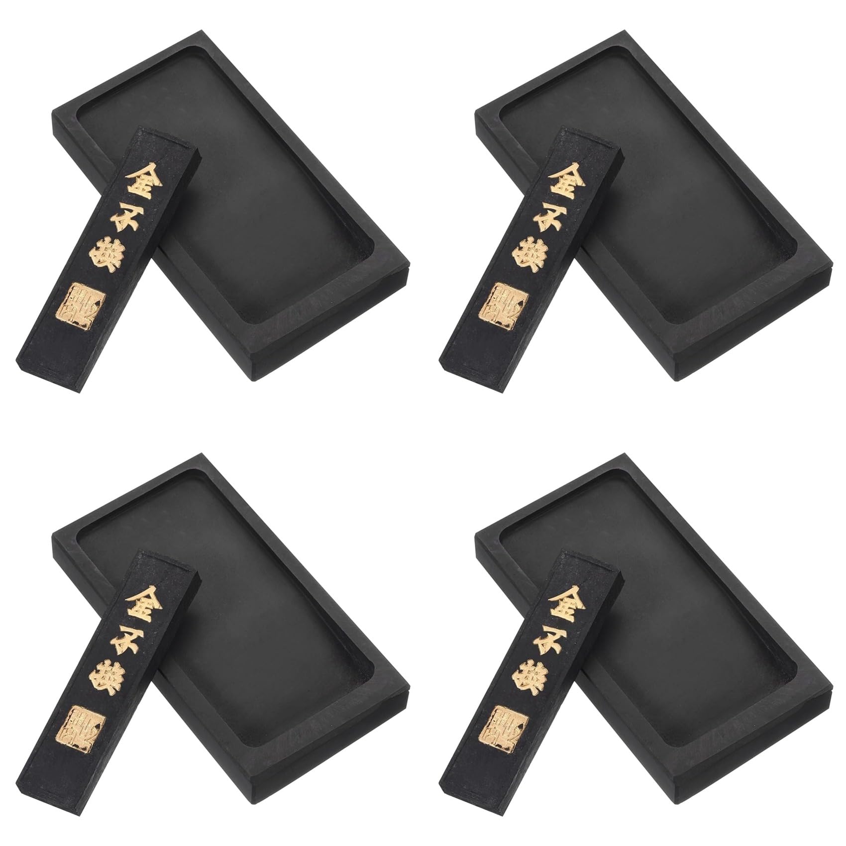 Jnchdghwa Black 4 Set 4 Inch Chinese Calligraphy Ink Stone With Ink Stick, Rectangle Ink Stone Tray For Traditional Calligraphy Practice