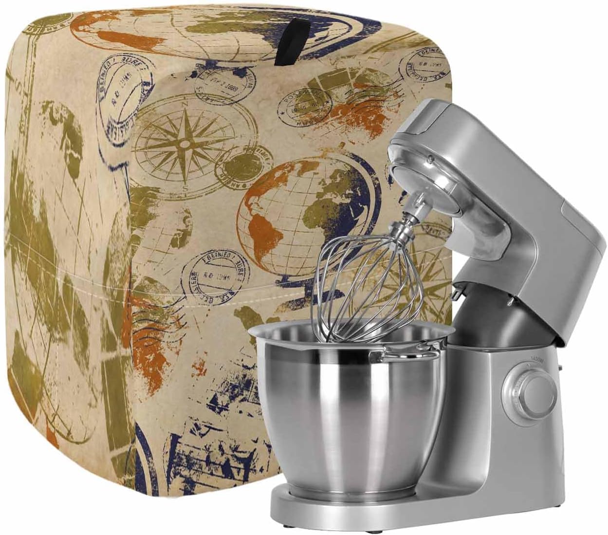 Vintage Globe Stand Mixer Cover with Storage Pocket, Waterproof Kitchen Mixer Covers, Abstract Travel Adventure Compass Kitchen Appliance Dust Cover Compatible with 5-8 Quart Mixers