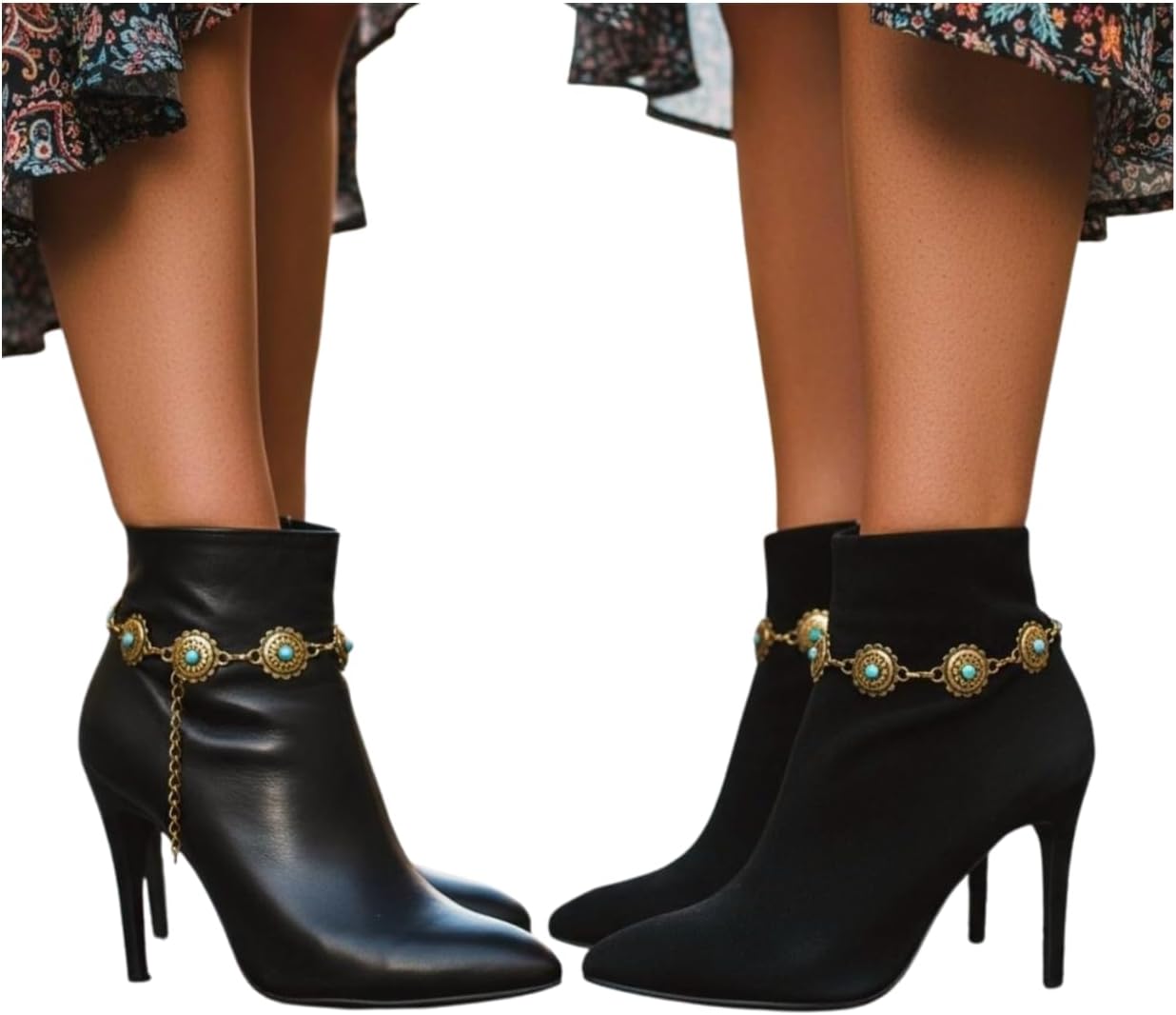Trendy Fashion Jewelry Women Western Boot Chain Bracelet Metal Shoe Turquoise Blue Flower Charm Anklet Gold SET Handmade In USA BC177