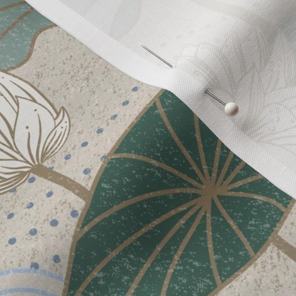 Spoonflower Fabric - White Lotus Cranes Green Asian Floral Birds Deco Printed on Petal Signature Cotton Fabric by The Yard - Sewing Quilting Apparel Crafts Decor