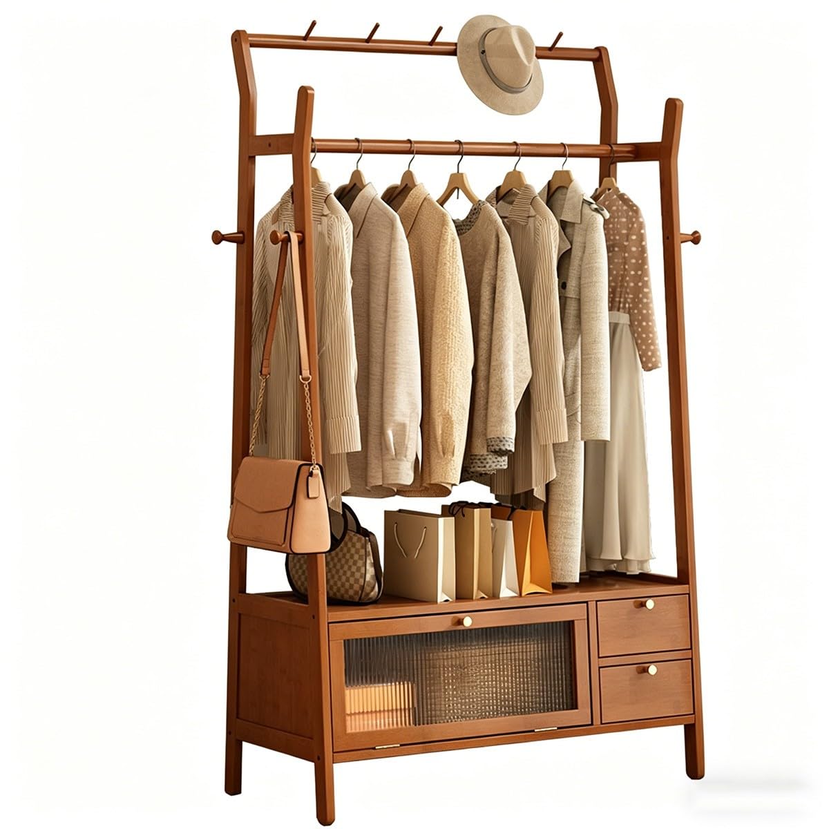 Bananaww Freestanding Bamboo Garment Rack with Drawer and Shelf, Heavy Duty Clothes Rail for Hanging Coats, Dresses, Jackets, Wardrobe Organiser