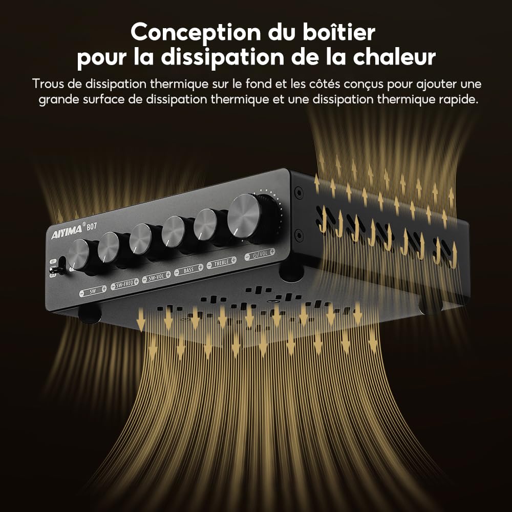 AIYIMA B07 amplificateur Bluetooth 5.2 TPA3255 2.1 canaux Caisson de Basses 300Wx2 + 300W pour Haut-parleurs de bibliothèque de Bureau à Domicile caissons de Basses avec Alimentation auxiliaire
