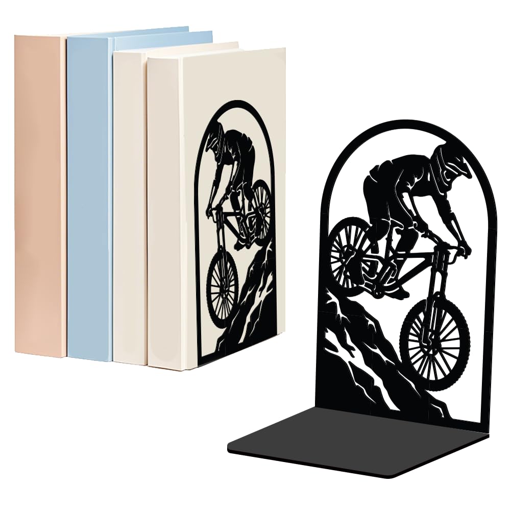 WADORN 1 Pair Cyclist Ride Bicycle Metal Decorative Bookend for Shelves, Heavy Duty Book Ends Modern Non-Skid Books Holder Stand Book Support Stoppers for Home Office Desk Bookshelf, 5.3x4.3x7.8 Inch