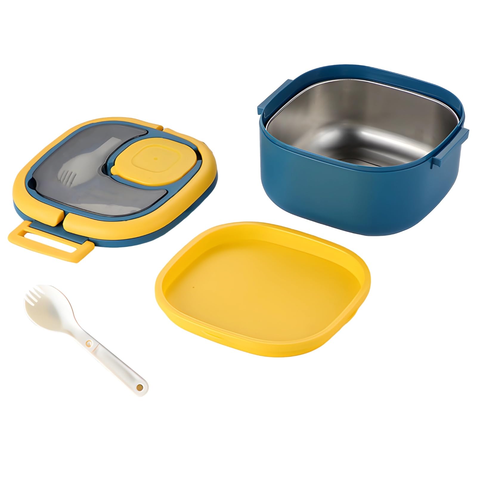 Boîte-repas en acier inoxydable, boîte bento 40,6 oz, avec compartiment pour sauce et cuillère, boîte étanche avec poignée pour l'école et le travail, compatible micro-ondes et congélateur, bleu
