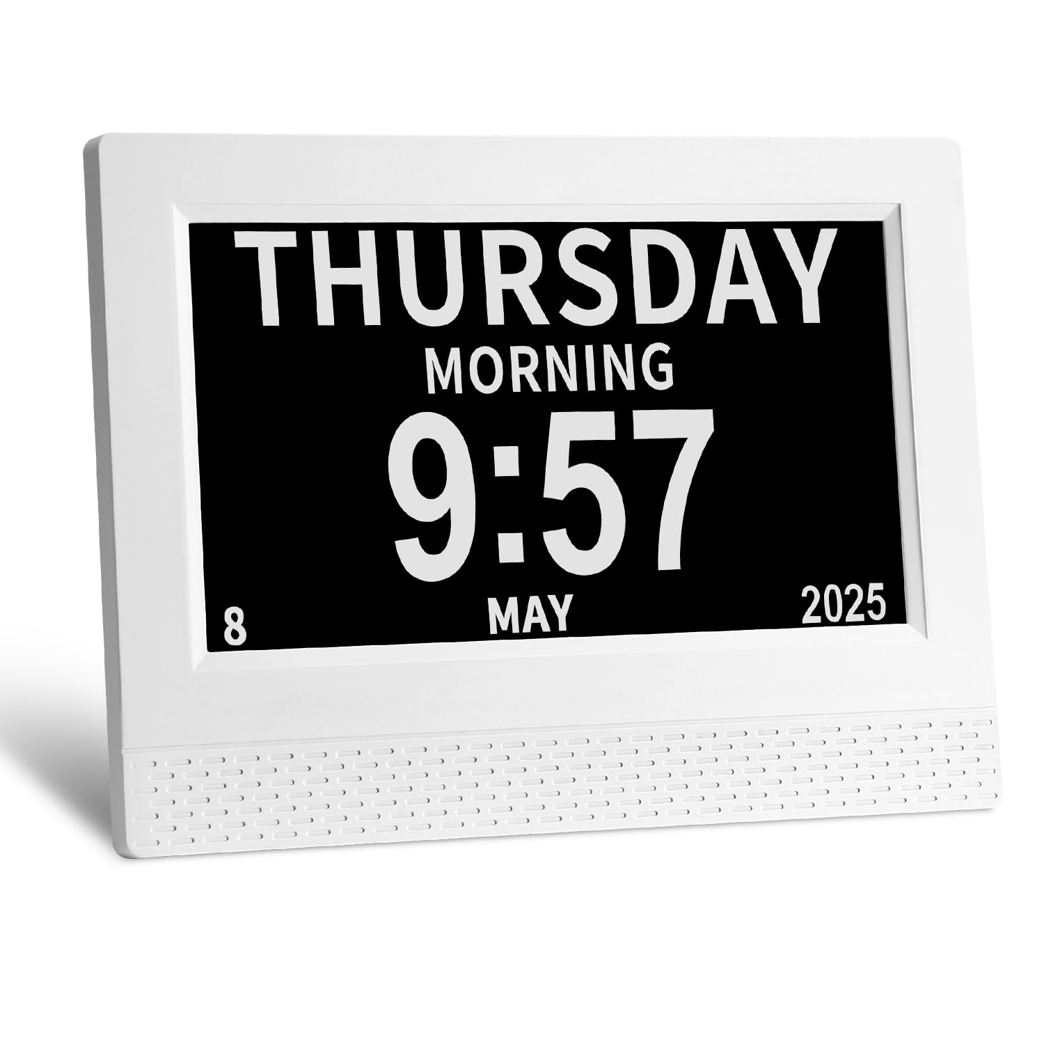 7" Pouce LCD Horloge Numérique, Calendrier avec Date Jour Et Heure Non-Abrégée Auto Dimming, 10 Langues HD Display Rappel pour Alzheimer Personnes Âgées Enfants (Blanc)